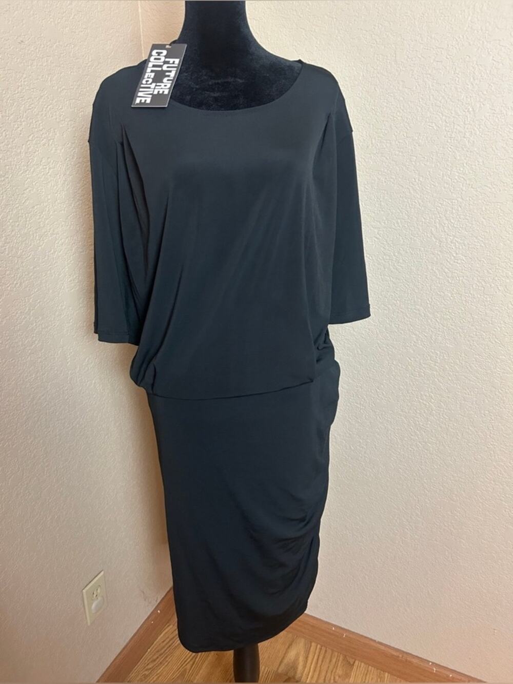 Future Collective Black Midi Draped Crewneck Dress - Picture 1 of 7